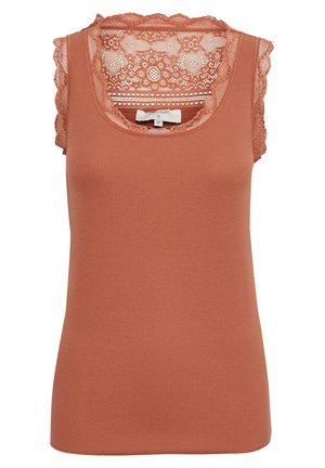 Haut sans manches côtelé orange rouille avec large bordure en dentelle autour de l'encolure et des épaules, présentant des motifs floraux et géométriques.