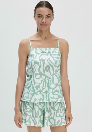 Mintgrünes Top und Shorts-Set mit fließendem Design und abstrakten weißen Mustern. Hergestellt aus weichem, leichtem Stoff.