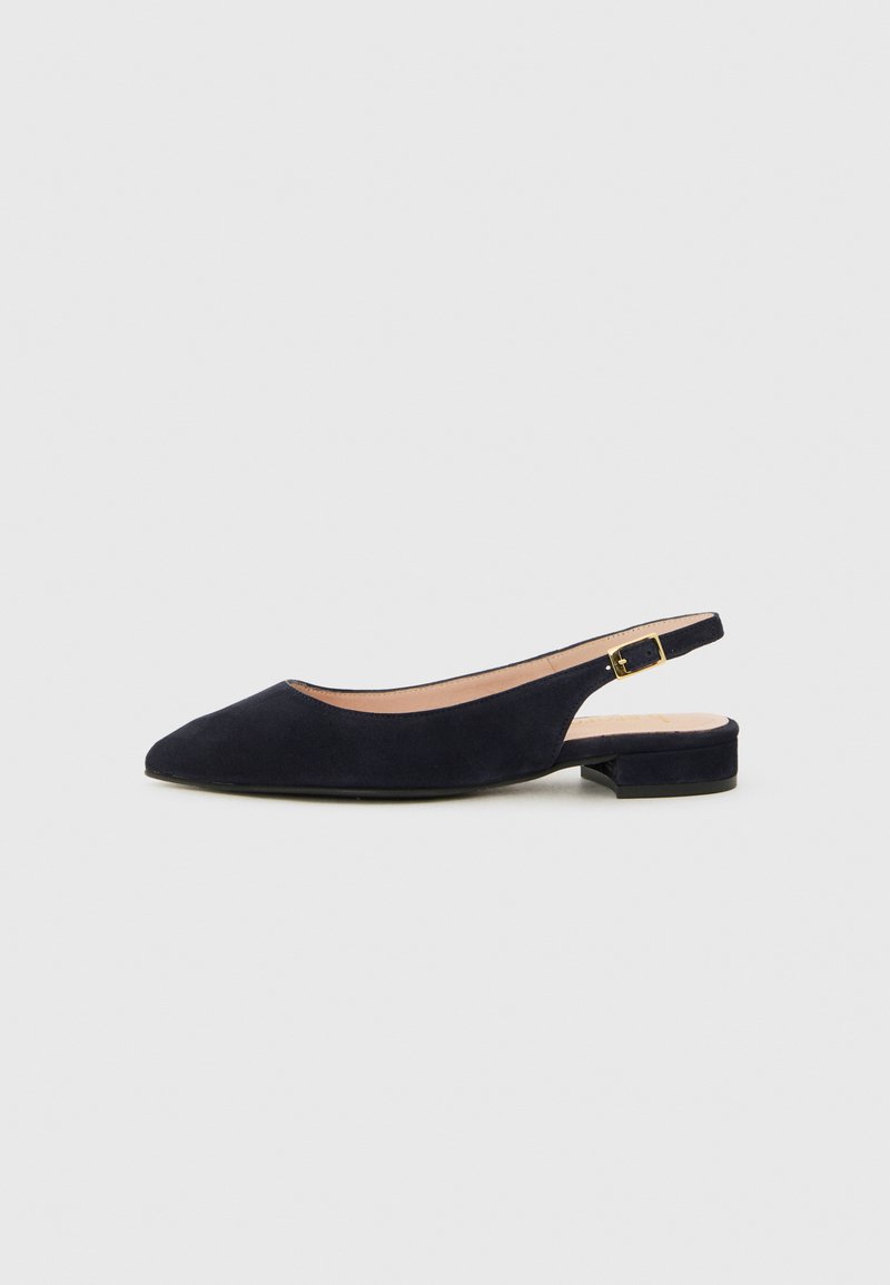 Ballerine en daim bleu marine avec un bout pointu, un design minimaliste, un petit talon carré et un détail en doré sur la sangle.