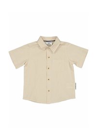 Kortärmad beige skjorta i lätt tyg, med klassisk krage, framficka och mässingsknappar. Etikett på sidan.