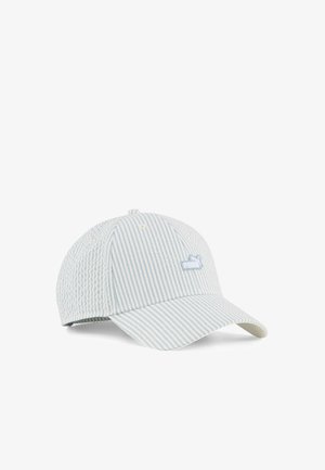 Casquette de baseball à rayures verticales bleu clair et blanc avec une visière incurvée et un petit écusson logo Puma sur le panneau avant.