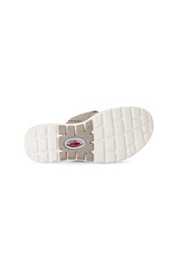 Schoenzool met een witte rubberen basis, een gestructureerd patroon en een beige middenstuk, met het "rollingsoft" logo in rood en blauw.