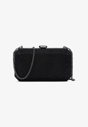Borsa clutch rettangolare nera impreziosita da piccole perline, con tracolla a catena argento e chiusura a scatto sfaccettata sulla parte superiore.