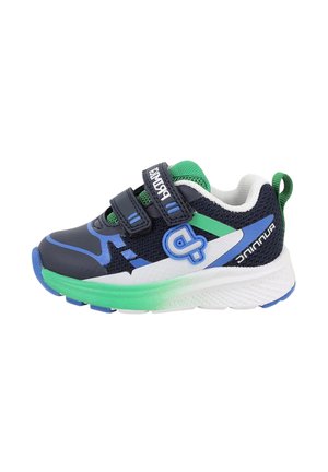 Scarpa da ginnastica per bambino in blu navy, verde e bianco con doppie chiusure a strappo, tomaia in mesh traspirante e suola imbottita con dettaglio sfumato verde.