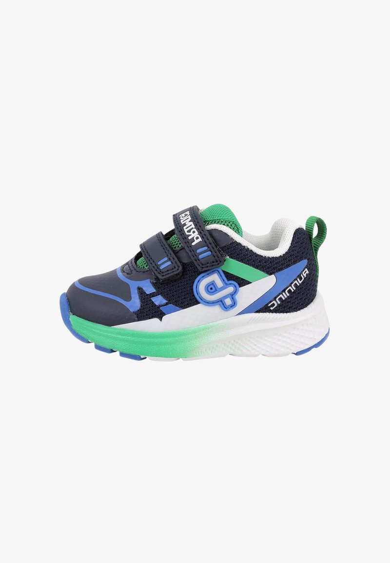 Scarpa da ginnastica per bambino in blu navy, verde e bianco con doppie chiusure a strappo, tomaia in mesh traspirante e suola imbottita con dettaglio sfumato verde.