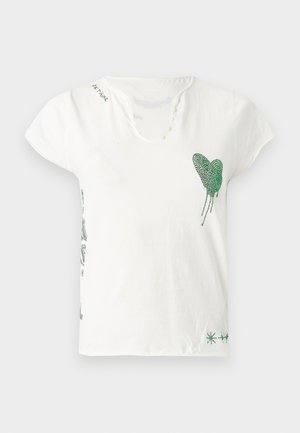 White cotton t-shirt with a scoop neckline, short sleeves, and green crystal heart design on the left chest. Features decorative green accents.