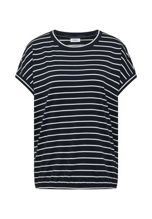 Granatowa koszulka z krótkim rękawem z białymi poziomymi paskami i okrągłym dekoltem, o luźnym kroju i elastycznym obszyciu.