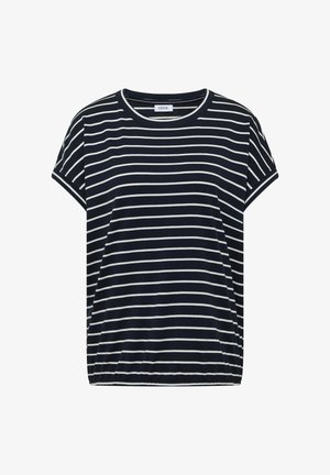 Granatowa koszulka z krótkim rękawem z białymi poziomymi paskami i okrągłym dekoltem, o luźnym kroju i elastycznym obszyciu.