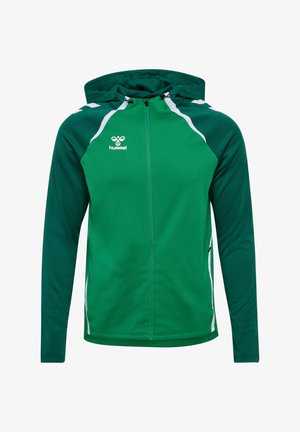 Groene zip-up jas met capuchon, met witte accenten en logo, gemaakt van gladde stof met een sportief design, lange mouwen en een getailleerde vorm.
