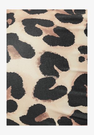 Tissu au motif léopard comportant de grandes taches noires et brunes sur un fond beige. La texture est lisse et légèrement brillante.