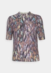 Kortærmet, multicolorer strikbluse med høj hals, udstyret med et mønster af vertikale striber i lilla, blå og neutrale nuancer.
