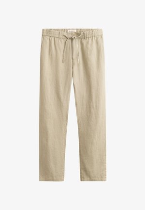 Pantalon beige droit avec taille élastique, fermeture par bouton et cordon, confectionné en tissu léger.