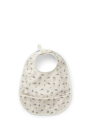 Bavaglino color crema con piccoli alberi di palma e stampe di leopardo nere, dotato di chiusura a scatto e tasca frontale per catturare il cibo.