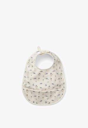 Bavaglino color crema con piccoli alberi di palma e stampe di leopardo nere, dotato di chiusura a scatto e tasca frontale per catturare il cibo.