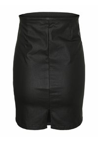 Jupe crayon noire en similicuir avec fente au dos et taille ajustée, texture lisse, coupe genou.