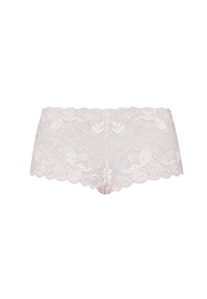 Lace boyshorts in soft pale pink, featuring floral patterns, scalloped edges, and a sheer texture for a delicate appearance.