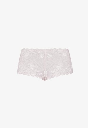 Lace boyshorts in soft pale pink, featuring floral patterns, scalloped edges, and a sheer texture for a delicate appearance.