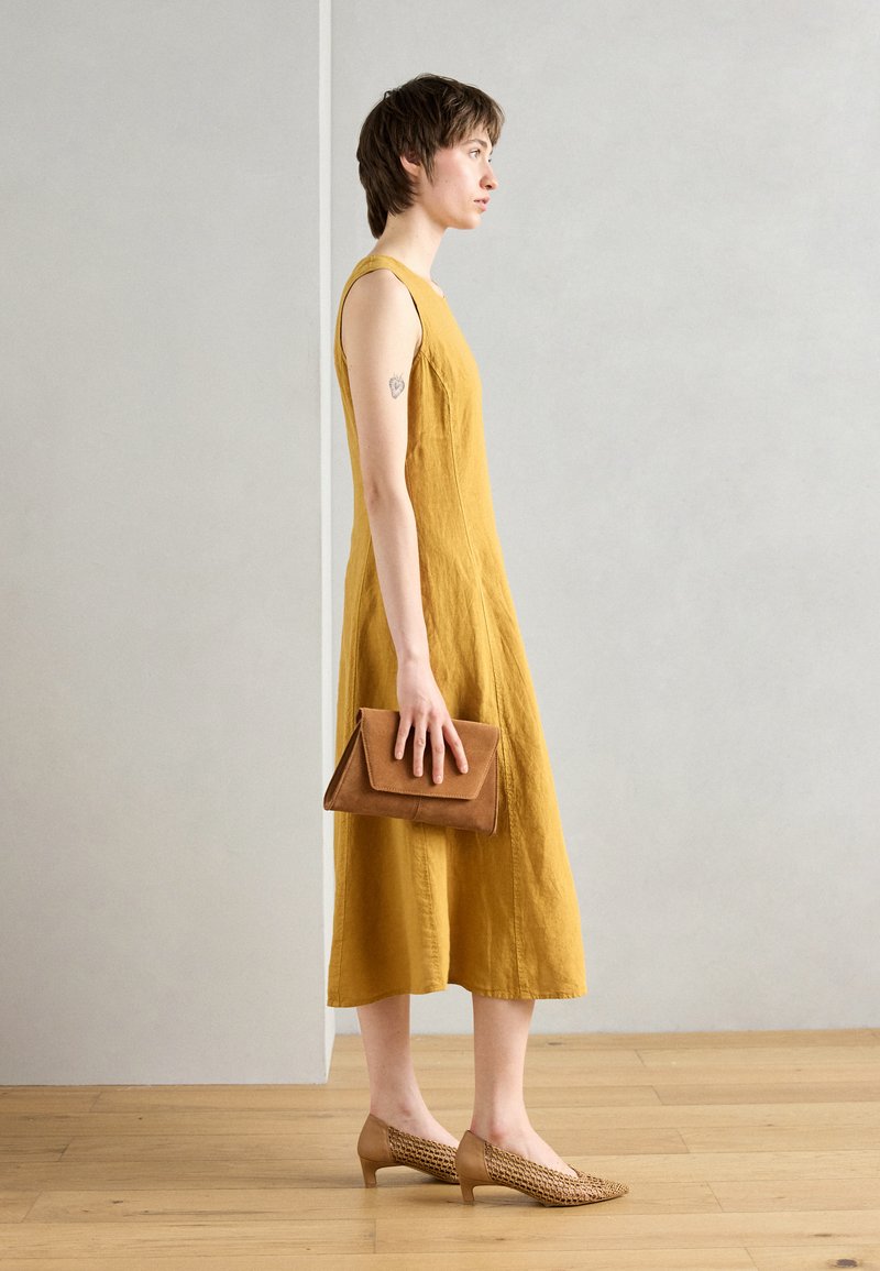 brown dress with yellow shoes Yellow Swing Dress with Dark Brown Shoes Outfits (1 ideas & outfits)