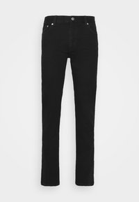 Jeans de mezclilla negra con corte recto, cinco bolsillos, cierre de botón de metal y diseño minimalista. Tejido de alta calidad con una textura suave.