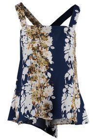 Mörkblå blommig ärmlös topp med asymmetrisk fåll. Har vita och jordnära blommönster på mjukt tyg. Justerbara remmar.