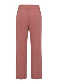 Leichte, gerade geschnittene Hosen in einem staubigen Rosaton mit einem elastischen Bund und glattem, strukturiertem Stoff. Keine Taschen.