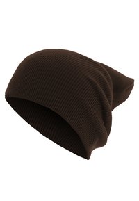 Brown knit beanie with a ribbed texture; slouchy design features a slightly pointed top. Material appears soft and flexible.