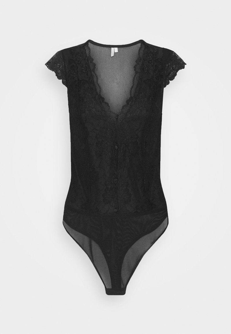 Body en dentelle noire avec de courtes manches à capuche, décolleté en V et fermeture à boutons. Tissu transparent avec une texture lisse et design à dos en string.