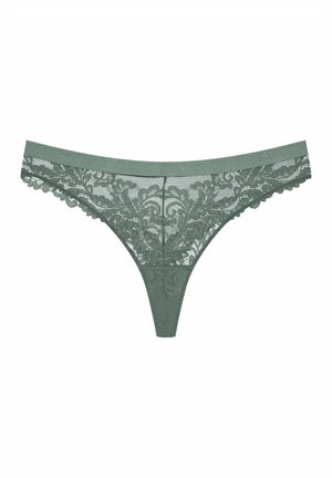 Lace thong in muted green with floral patterns. Features delicate scalloped edges and a smooth waistband, made from lightweight, sheer material.