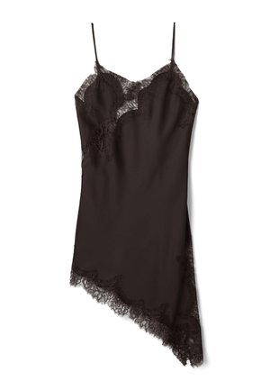 Abito sottoveste in seta nera con spalline sottili, rifiniture in pizzo sullo scollo, l'orlo e i lati, con orlo inferiore asimmetrico.