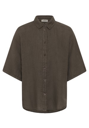 Chemise en lin marron à manches courtes avec boutons sur le devant et col pointu, coupe décontractée, fabriquée par la marque Soaked.