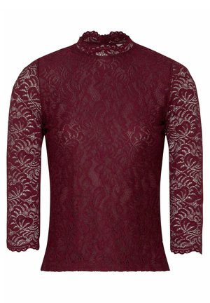 Burgunder Spitzenoberteil mit langen Ärmeln, hohem Kragen, gewellten Kanten und floralen Mustern. Durchsichtiges Material mit filigranen Details.