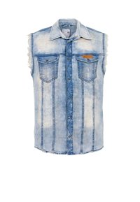 Ljusblå denimärmlös skjorta med fransade kanter, två bröstfickor, knäppning fram och kontrasterande sömdetaljer.