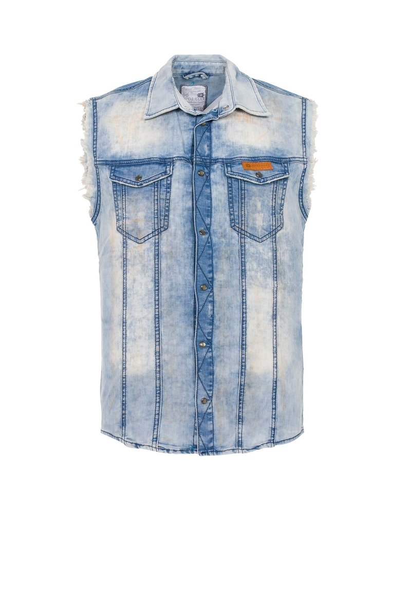 Ljusblå denimärmlös skjorta med fransade kanter, två bröstfickor, knäppning fram och kontrasterande sömdetaljer.