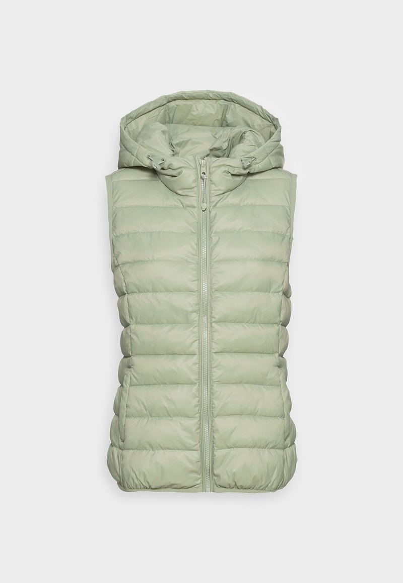Lysegrøn ærmeløs dunvest med lynlås foran og hætte med justerbare snore, vist på neutral baggrund.