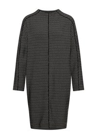 Černobíle vzorované šaty s kulatým výstřihem, tříčtvrtečními rukávy a rovný střih, s pletenou texturou a zadním švem.
