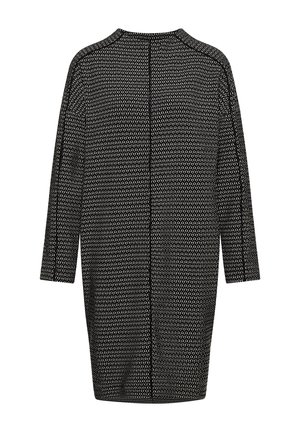 Černobíle vzorované šaty s kulatým výstřihem, tříčtvrtečními rukávy a rovný střih, s pletenou texturou a zadním švem.