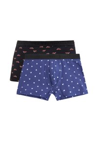 Dos pares de calzoncillos: uno negro con patrones de zorros rojos, el otro azul marino con acentos blancos. Ambos cuentan con una cinturilla negra con la marca.