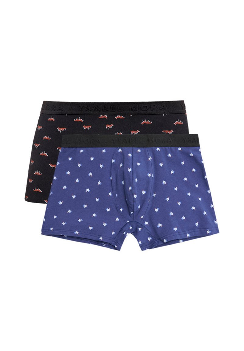 Dos pares de calzoncillos: uno negro con patrones de zorros rojos, el otro azul marino con acentos blancos. Ambos cuentan con una cinturilla negra con la marca.