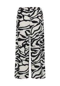 Pantalon à jambes larges avec motif abstrait de rayures zèbre noir et blanc et taille élastique.