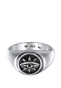 Ring aus Sterlingsilber mit polierter Oberfläche, der ein geschwärztes Augendesign in einem Sonnenstrahlenmuster zeigt. Eingraviert mit 925 Ag.