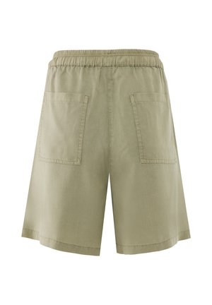 Pantalones cortos beige hasta la rodilla con cinturilla elástica y dos grandes bolsillos cuadrados aplicados en la parte trasera.