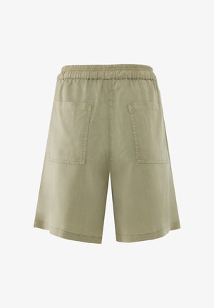 Pantalones cortos beige hasta la rodilla con cinturilla elástica y dos grandes bolsillos cuadrados aplicados en la parte trasera.