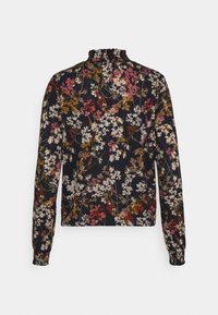 Schwarzes Langarmoberteil mit hohem Kragen, das von hinten zu sehen ist und ein mehrfarbiges Blumenmuster in Rot-, Weiß- und Senftonungen aufweist.