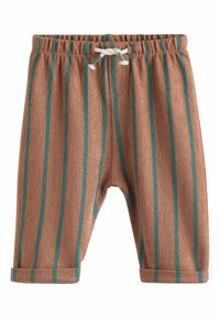 Hnědé pruhované kalhoty s tyrkysovými linkami, vyrobené z texturované látky. Mají elastický pas a ohrnuté manžety pro pohodlný střih.