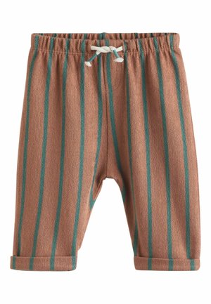 Brune stribede bukser med turkise linjer, lavet af struktureret stof. Har elastik i taljen og oprullede manchetter for en afslappet pasform.