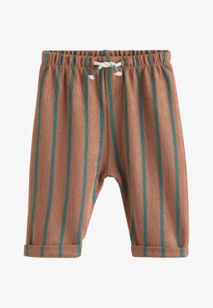Brune stribede bukser med turkise linjer, lavet af struktureret stof. Har elastik i taljen og oprullede manchetter for en afslappet pasform.