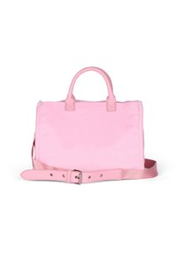 Borsa a tracolla in tela rosa con due manici, una cinghia removibile e una chiusura a fibbia. Tessuto liscio e forma rettangolare con dettagli minimi.