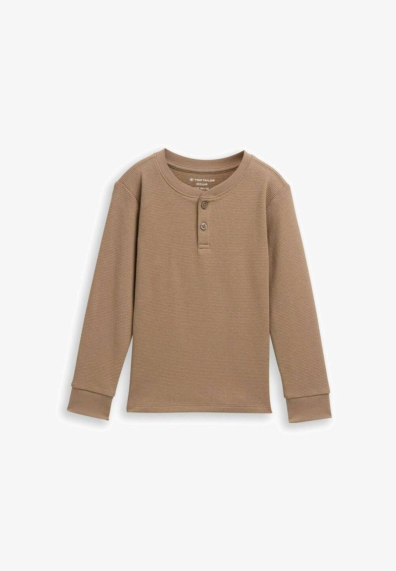 Rjava dolgosleeve henley majica z teksturirano tkanino, dvema sprednjima gumboma in kontrastnimi manšetami. Klasična pravokotna oblika.