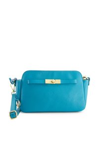 Türkiser Leder-Crossbody-Tasche mit strukturiertem Oberflächen, goldfarbenen Beschlägen, rechteckiger Form und abnehmbarem Tragegurt. Akzentuiert mit einem flachen Verschluss.