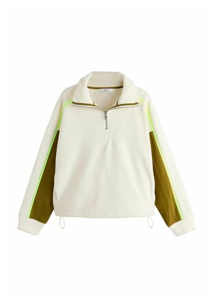 Fleece-Pullover in Creme mit Reißverschluss am Kragen. Verfügt über grüne und braune Seiteneinsätze, gerippte Details und einen Kordelzug am Saum zur Anpassung.